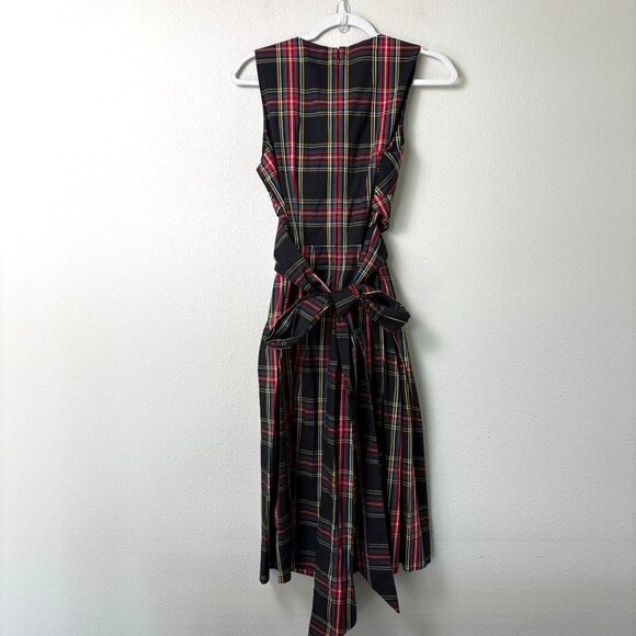 J Crew V Neck Midi Wrap Dress Size 8 Black Red Tartan Plaid Sleeveless AG880 - Picture 4 of 13